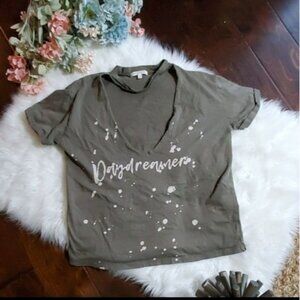 Daydreamer Distressed V-neck Concert Tee Olive Green Cotton Small Short Sleeve